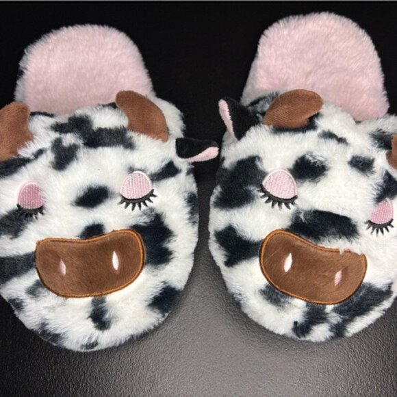wonder nation Shoes - Wonder Nation Cozy Cow Plushie Slippers Black White Pink Holstein 3D Ears Horns